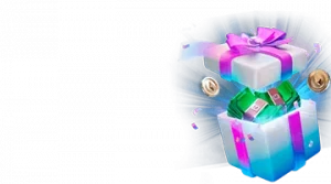 Изображение светящейся подарочной коробки, из которой вылетают деньги и монеты, рекламирующее бонус на день рождения от BitStarz в ярких цветах и праздничной атмосфере.